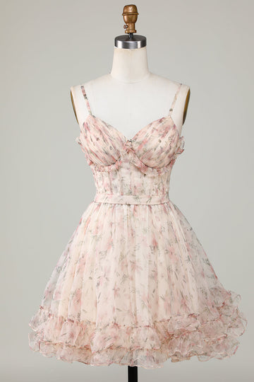 Champagne A-Line Korsett Floral Kort Homecoming Dress